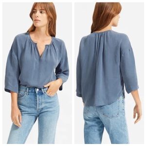 EVERLANE Blue Shirred Cupro Blouse